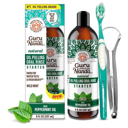 GuruNanda Starter Pulling Oil Mouthwash – Coconut & Peppermint, Alcohol-Free, 8 oz with Toothbrush & Tongue Scraper