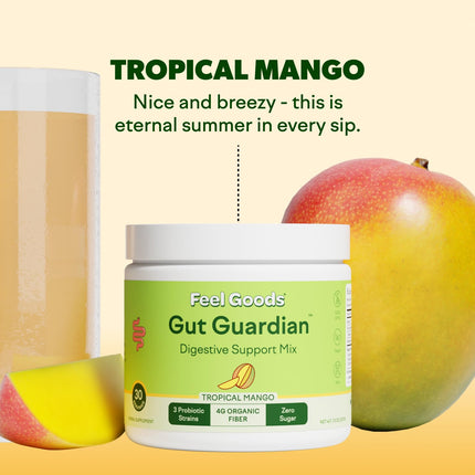 Feel Goods Gut Guardian – Organic Fiber, Probiotic & Prebiotic Powder (Sugar Free, Vegan) Tropical Mango 30 Count