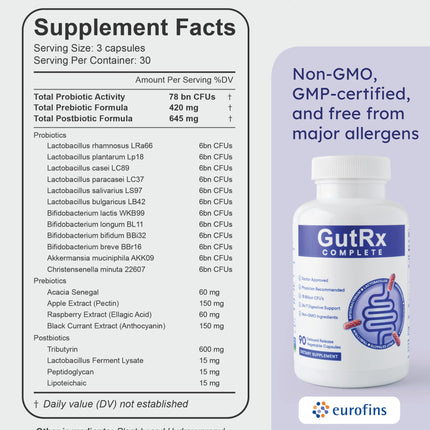 GutRx Complete Probiotic, Prebiotic & Postbiotic – 78B CFU with Akkermansia & Christensenella – 90 Count