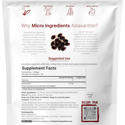 Micro Ingredients Astaxanthin 12mg – 120 Softgels (4 Month Supply) – Non-GMO, Soy Free