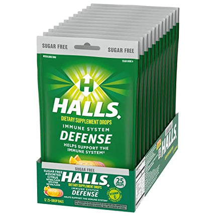 HALLS Defense Assorted Citrus Sugar Free Vitamin C Drops – 300 Drops, 12 Bags