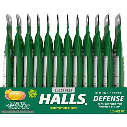 HALLS Defense Assorted Citrus Sugar Free Vitamin C Drops – 300 Drops, 12 Bags