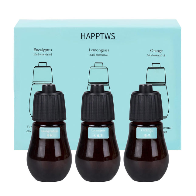 HAPPTWS Aromatherapy Essential Oil Set – 3-Piece Diffuser Oils: Eucalyptus, Lemongrass, Orange