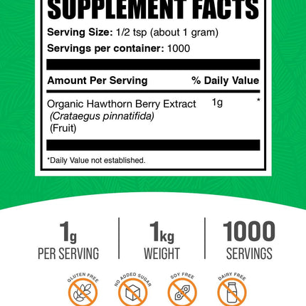 BulkSupplements Organic Hawthorn Berry Extract Powder – 1kg, Gluten Free