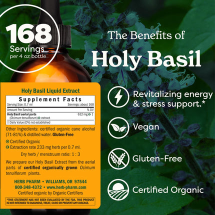 Herb Pharm Holy Basil (Tulsi) Liquid Extract – Certified Organic, Energy & Vitality (4 oz)