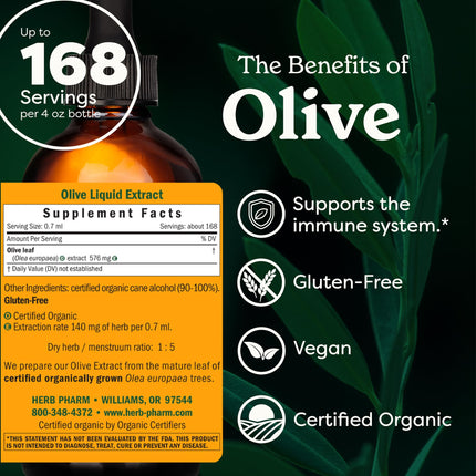 Herb Pharm Certified Organic Olive Leaf Liquid Extract for Immune Support, 4 Fl Oz