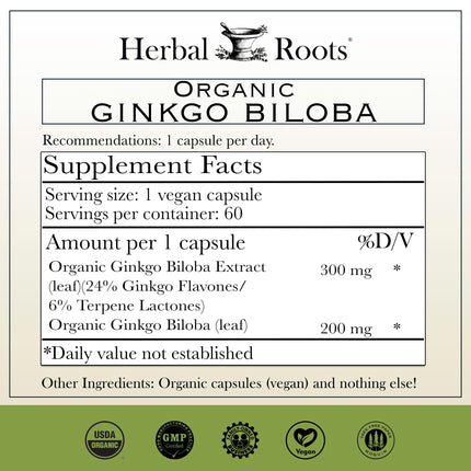Herbal Roots Organic Ginkgo Biloba – 60 Vegan Capsules