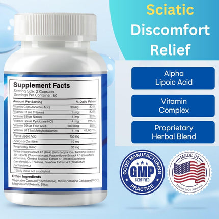 Sciatic Nerve Relief – Advanced Support, 120 Capsules, USA Made, Unflavored