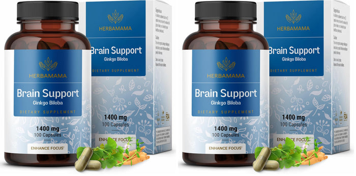 HERBAMAMA Brain Support Capsules – 1400mg Focus Supplement with Bacopa, Ginseng & Ginkgo | Vegan, Non-GMO, 100 Caps (Pack of 2)
