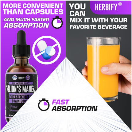 HERBIFY Lions Mane Supplement – Brain Booster for Memory, Focus & Clarity | 4 fl oz Grape