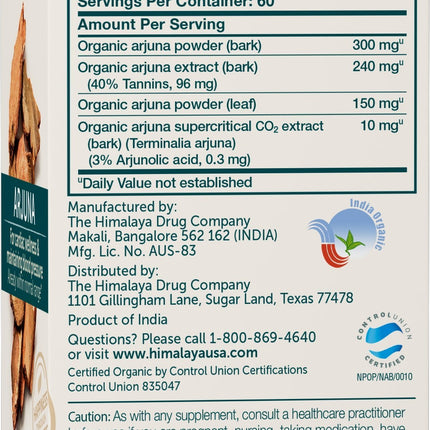 Himalaya Organic Arjuna - Blood Pressure Support, 700mg, 60 Count (Pack of 2)