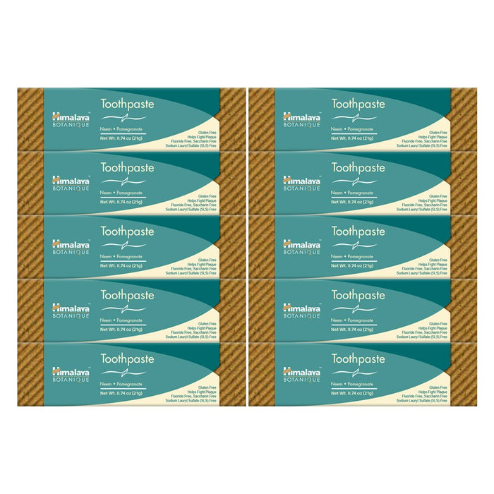 Himalaya Botanique Neem & Pomegranate Travel Toothpaste - Mint, Fluoride Free, 0.74 oz, Pack of 10