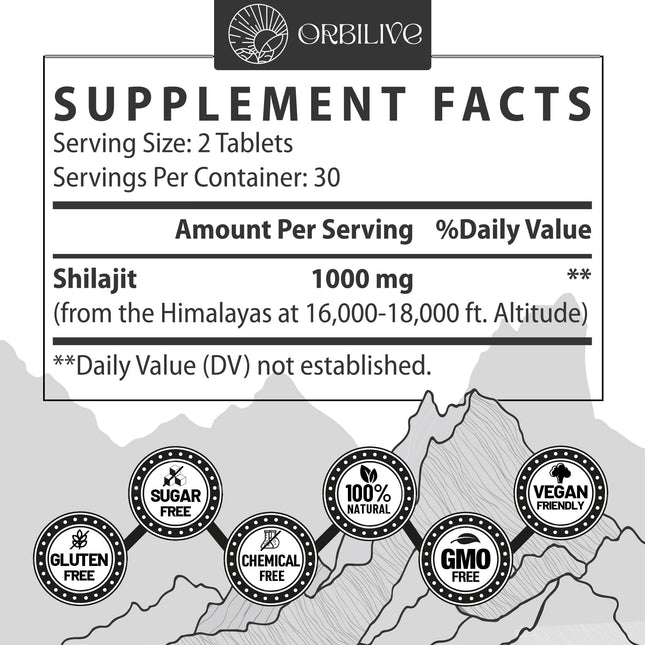 ORBILIVE Shilajit Tablets 1000 MG — Himalayan Organic, 180 Count