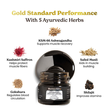 Better Alt Pure Himalayan Shilajit Gold 30g | 600mg Shilajit Blend | 16,000 ft Sourced | Ashwagandha, Safed Musli, Gokshura | Vegan & Lab Tested