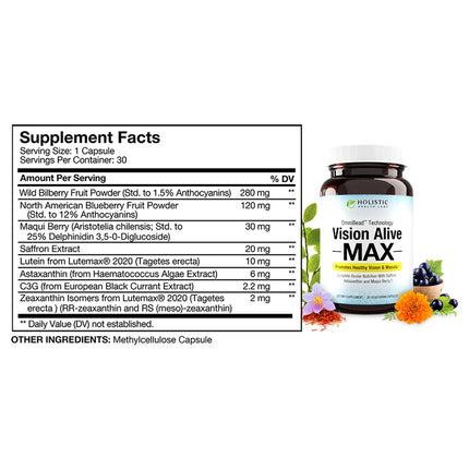 Holistic Health Labs Vision Alive Max – 8 Natural Eye Health Ingredients (Lutemax 2020, Bilberries, Blueberries, C3G from Black Currant, Maqui Berry, Saffron, Astaxanthin) – Pack of 3