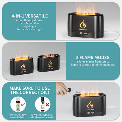 HOMDIS Essential Oil Diffusers & 6 Essential Oils Set | Quiet Flame Diffuser, 7 Color Modes, Auto Shut-Off, Black