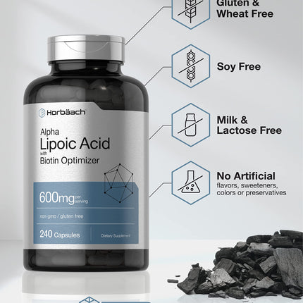 Horbäach Alpha Lipoic Acid 600mg + Biotin Optimizer – 240 Capsules (Pack of 2) | Gluten Free, Non-GMO