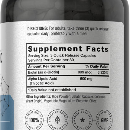 Horbäach Alpha Lipoic Acid 600mg + Biotin Optimizer – 240 Capsules (Pack of 2) | Gluten Free, Non-GMO