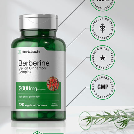 Horbäach Berberine with Ceylon Cinnamon – 2000mg, 120 Veggie Capsules (Pack of 2) | Vegetarian, Non-GMO & Gluten Free