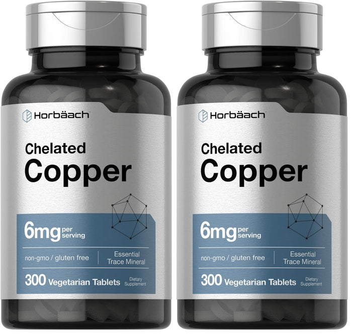 Horbäach Chelated Copper 6 mg - 300 Tablets (Pack of 2) | Vegetarian, Non-GMO, Gluten Free