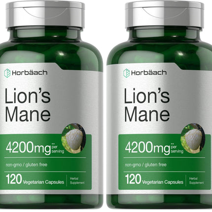 Horbäach Lions Mane Mushroom Extract 4200mg | 120 Veg Capsules | Pack of 2