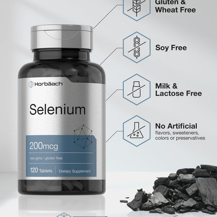 Horbäach Selenium 200 mcg Supplement – 120 Tablets | Non-GMO & Gluten Free