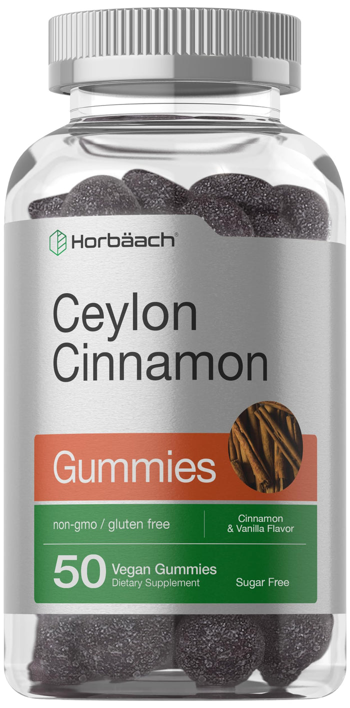 Horbäach Sugar Free Ceylon Cinnamon Gummies 2000mg | 50 Count | Vegan, Non-GMO, Gluten Free | Cinnamon & Vanilla Flavor