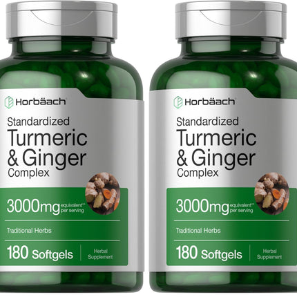 Horbäach Turmeric & Ginger 3000 mg Softgels (180) - Black Pepper - Non-GMO (Pack of 2)