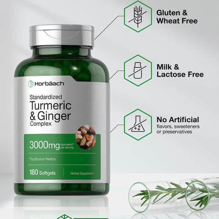 Horbäach Turmeric & Ginger 3000 mg Softgels (180) - Black Pepper - Non-GMO (Pack of 2)