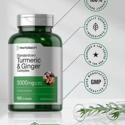 Horbäach Turmeric & Ginger 3000 mg Softgels (180) - Black Pepper - Non-GMO (Pack of 2)