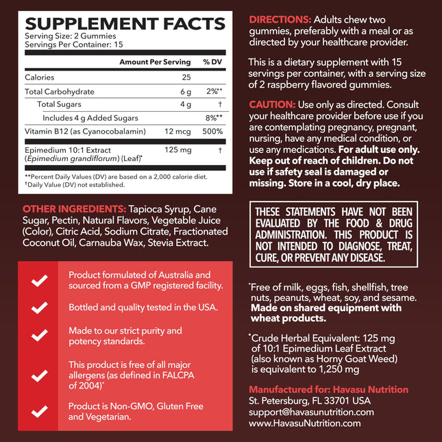 Horny Goat Weed Gummies with Vitamin B12 - Energy & Endurance Support for Men (30 Count) Raspberry