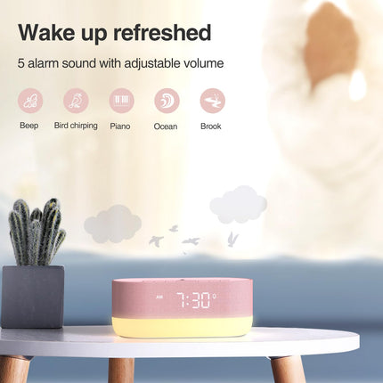 HOUSBAY Sound Machine with Alarm Clock — Dual HiFi Speakers, 21 Sounds, 10W Wireless Charger