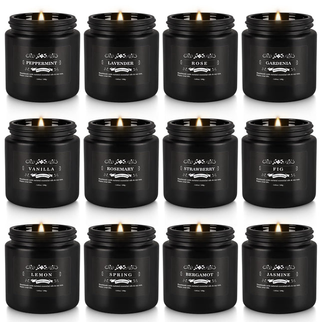 Howemon Scented Candle Set 12 Pack - Black Jar | Long-Lasting Soy Wax, Odor Elimination, Stress Relief Gift Set