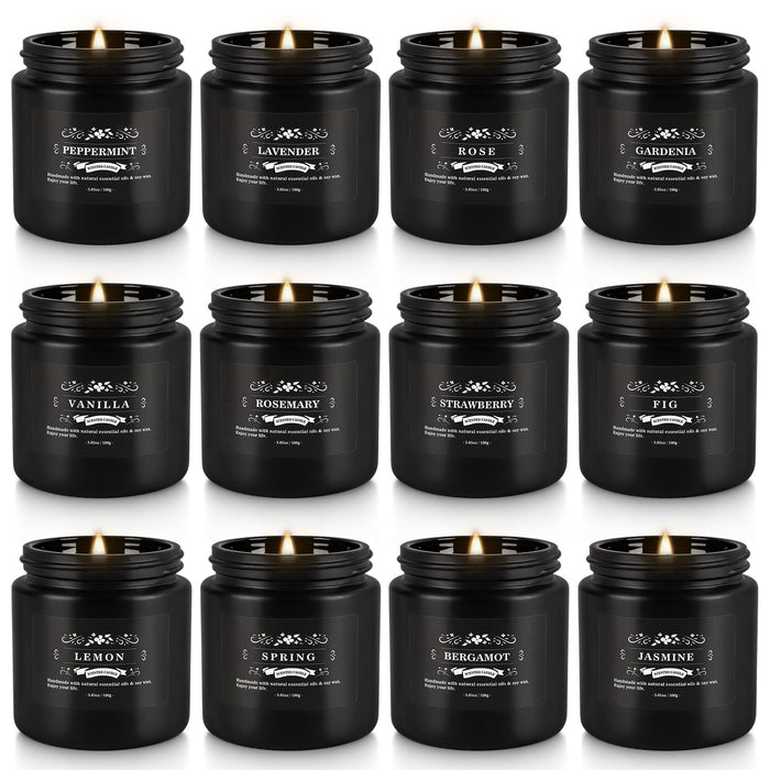 Howemon Scented Candle Set 12 Pack - Black Jar | Long-Lasting Soy Wax, Odor Elimination, Stress Relief Gift Set