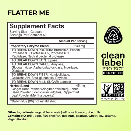 HUM Flatter Me Digestive Enzymes for Women & Men - Fast Debloat, Ginger & Peppermint, 60 Capsules