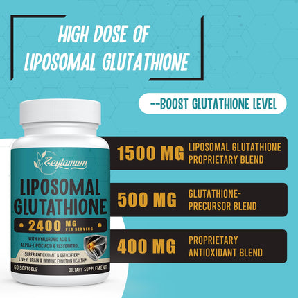 Zeylamum 2400mg Liposomal Glutathione Softgels – Max Absorption, Hyaluronic Acid & Resveratrol, 600 Softgels