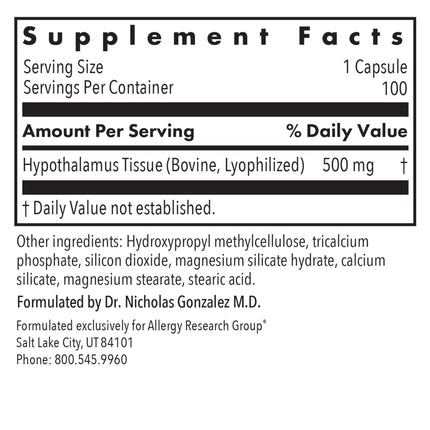 Allergy Research Group Hypothalamus Supplement - Endocrine & Adrenal Support, 500mg Bovine Glandular Vegicaps, 100 Count