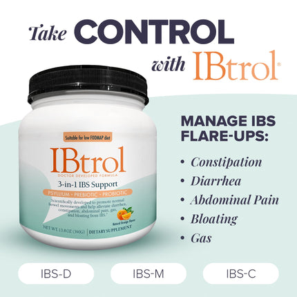 IBtrol 3-in-1 IBS Gut Health Supplement – Psyllium, Prebiotic & Probiotics | 60 Servings, Natural Orange