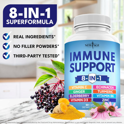 NEW AGE 8-in-1 Immune Support Capsules – Vitamin C, D3, Zinc, Elderberry (Pack of 5)