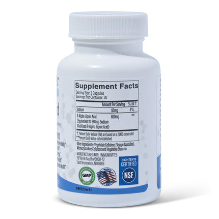IMMUNOVITES Stabilized R-Alpha Lipoic Acid 600mg | Na R-ALA, High Potency