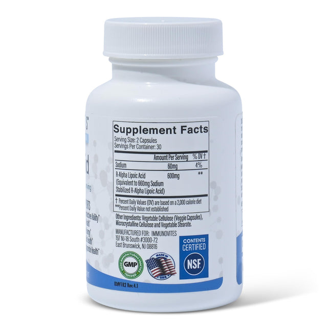 IMMUNOVITES Stabilized R-Alpha Lipoic Acid 600mg | Na R-ALA, High Potency
