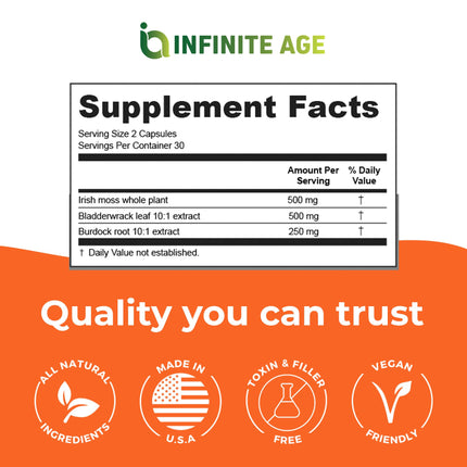 INFINITE AGE 2 Pack Sea Moss Capsules 1250mg – Vegan, Made in USA, Irish Sea Moss + Bladderwrack