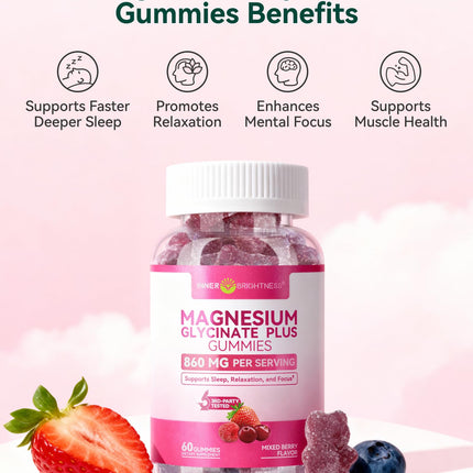 Inner Brightness Magnesium Glycinate Plus Gummies – 860mg | Sugar-Free, Gluten-Free, Non-GMO (120 Count)