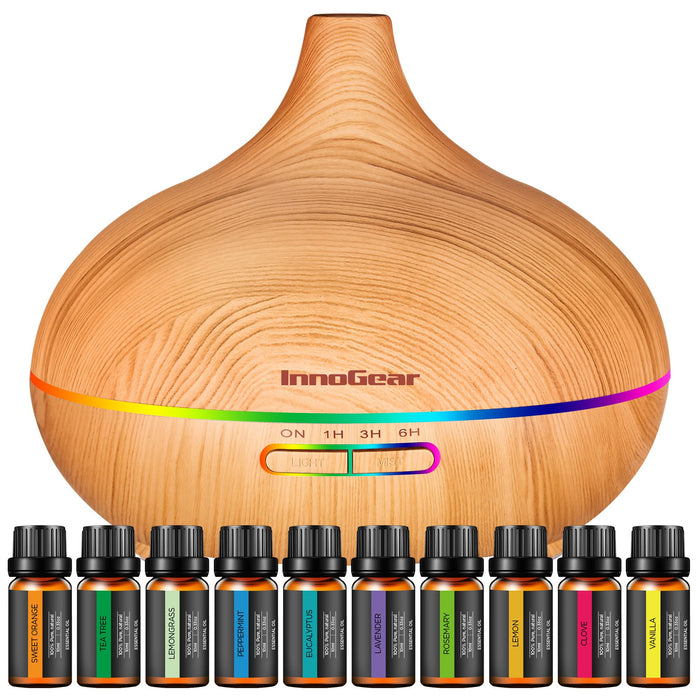 InnoGear Aromatherapy Diffuser + 10 Essential Oils Set – 400ml Ultrasonic Diffuser, 7-Color LED, Auto Off