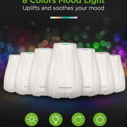 InnoGear Essential Oil Diffuser | Ultrasonic Humidifier for Home Aromatherapy | 7-Color LED, 2 Mist Modes, Auto Off | White & Grey
