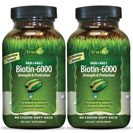 Irwin Naturals Biotin-6000-60 Liquid Soft-Gels – Hair, Skin & Nails Support | Pack of 2, 60 Servings