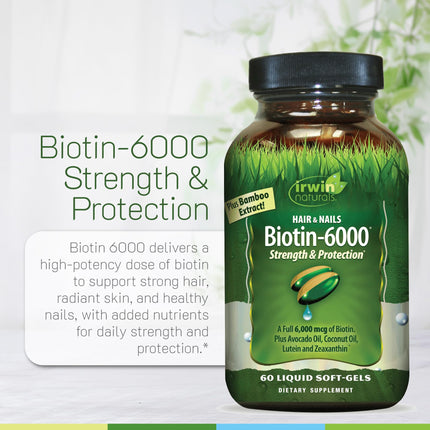 Irwin Naturals Biotin-6000-60 Liquid Soft-Gels – Hair, Skin & Nails Support | Pack of 2, 60 Servings