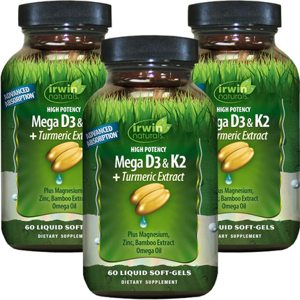 Irwin Naturals High Potency Mega D3 & K2 + Turmeric Extract – 60 Liquid Soft-Gels (Pack of 3) | 90 Total Servings