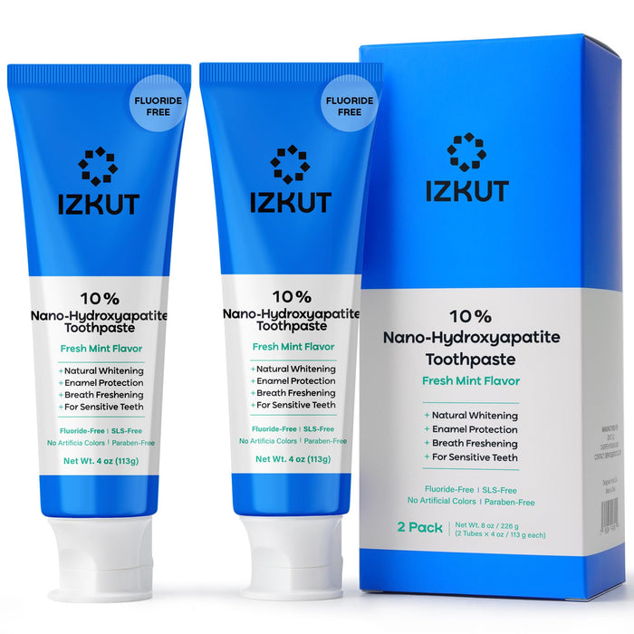 IZKUT 10% Nano Hydroxyapatite Toothpaste – Fluoride Free Whitening for Sensitive Teeth, SLS Free, Fresh Mint, 4 oz Pack of 2