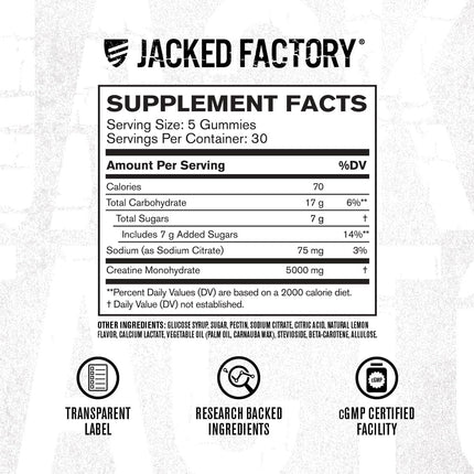 Jacked Factory Creatine Gummies – 5g Daily Dose, 150 Lemon Gummies